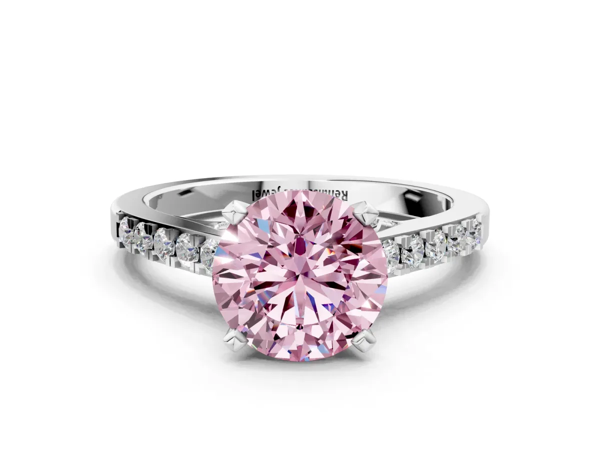 Fancy Pink Round Cut Diamond Solitaire Ring with Crossover Gallery and Round Pavé Band Silver