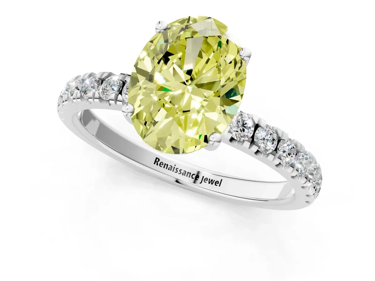 Fancy Yellow Oval Cut Diamond Pave Band Solitaire Ring with Round and Prong Setting Platinum