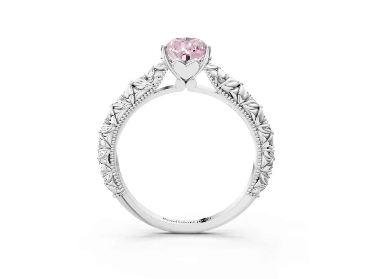 Fancy Pink Pear Cut Solitaire Floral Milgrain Engagement Ring Platinum