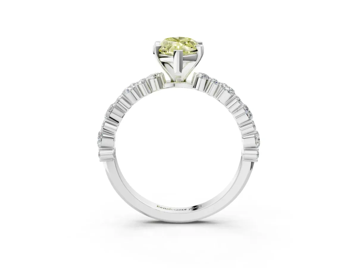 Fancy Yellow Marquise Cut Diamond Side Stone Solitaire Ring with Round and Four-Prong Setting Silver