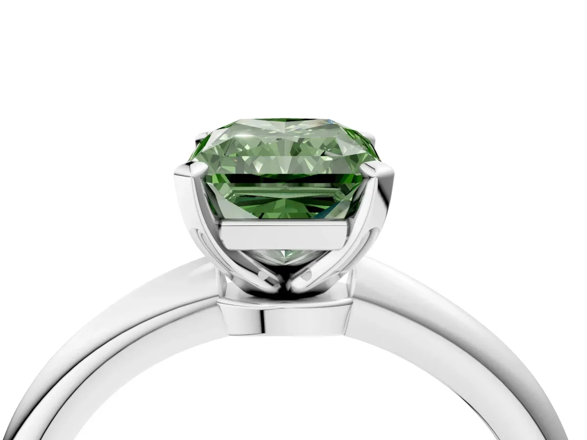 Fancy Green Radiant Cut Diamond Solitaire Ring with Six-Prong Setting and Classic Band Silver