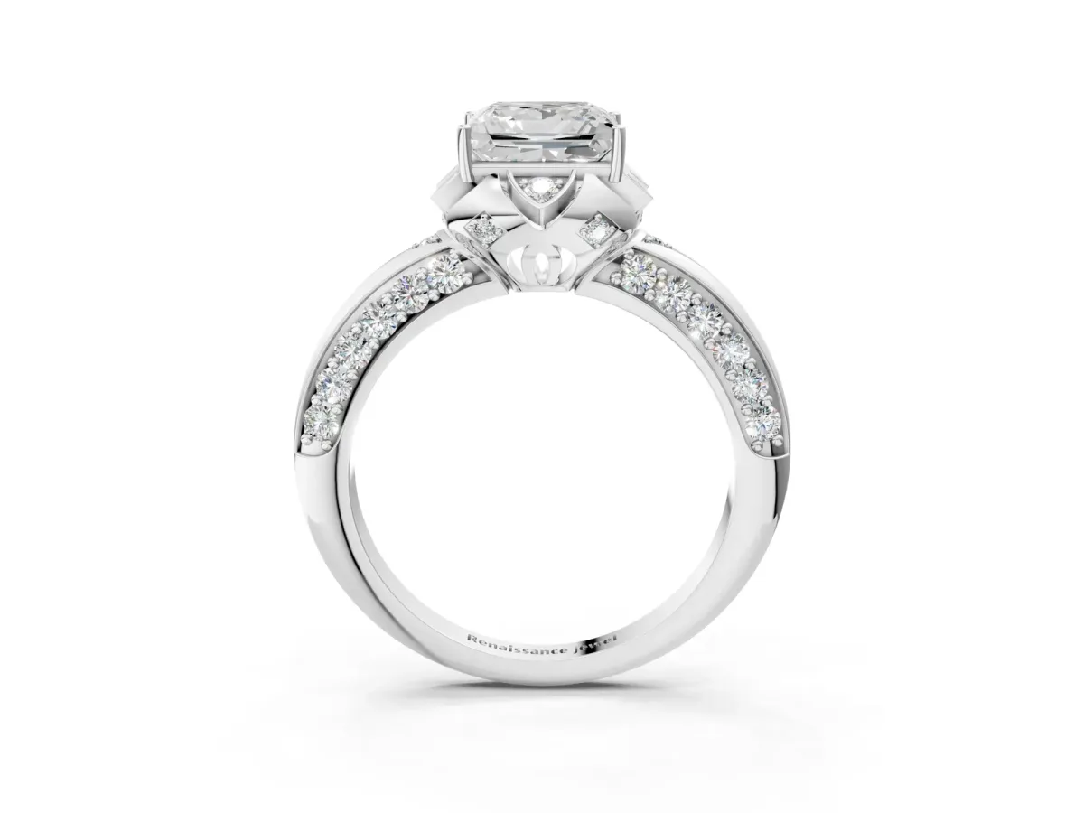 Princess Cut Halo Split Shank Pave Diamond Ring with Petal Prong Setting White gold