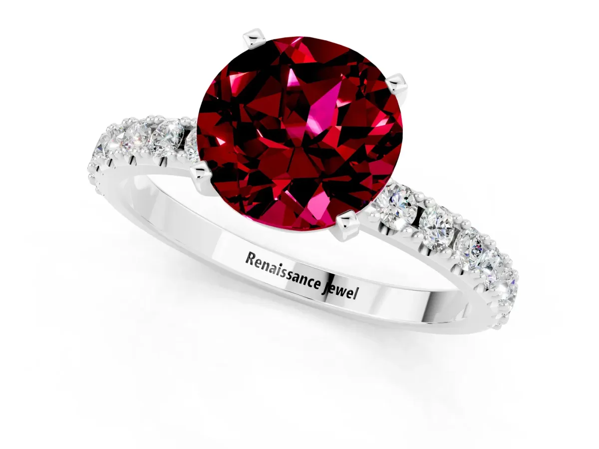 Round Cut Garnet Solitaire Pavé Band with Four-Prong Setting Platinum