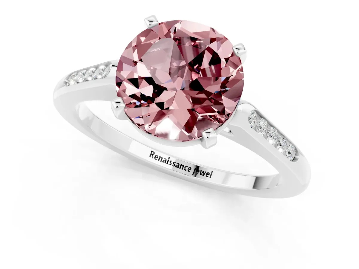 Round Cut Morganite Solitaire Ring with Channel Set Round Band and Prong Setting Silver