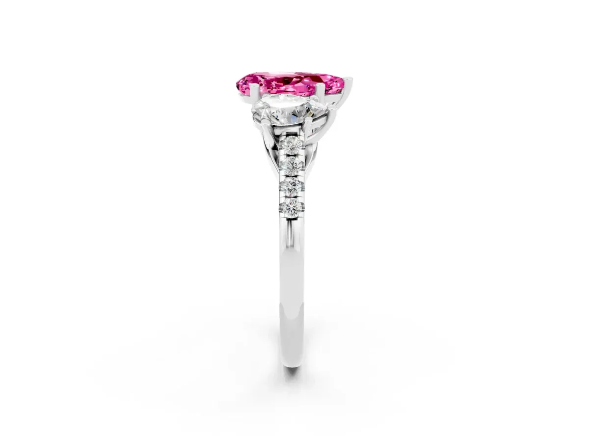 Three-Stone Pear Cut Pink Sapphire Ring with Round Pavé Band and Prong Setting Silver