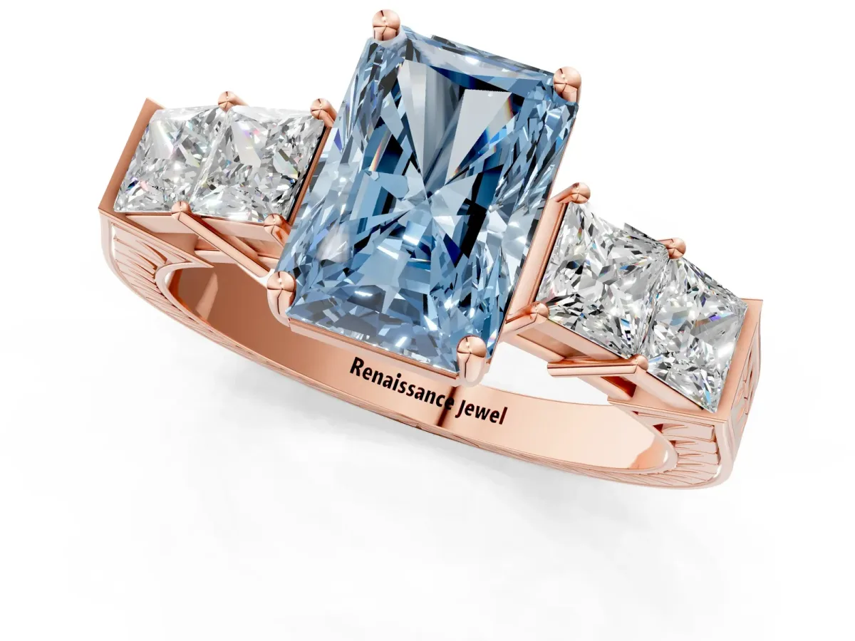 Fancy Blue Radiant Cut Solitaire Princess Side Stone Engraved Band Prong Setting Ring Rose gold