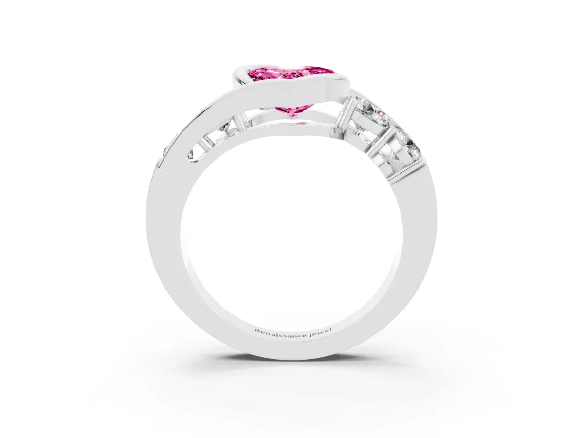 Bezel Set Heart Cut Pink Sapphire Bypass Ring with Round Accents Silver