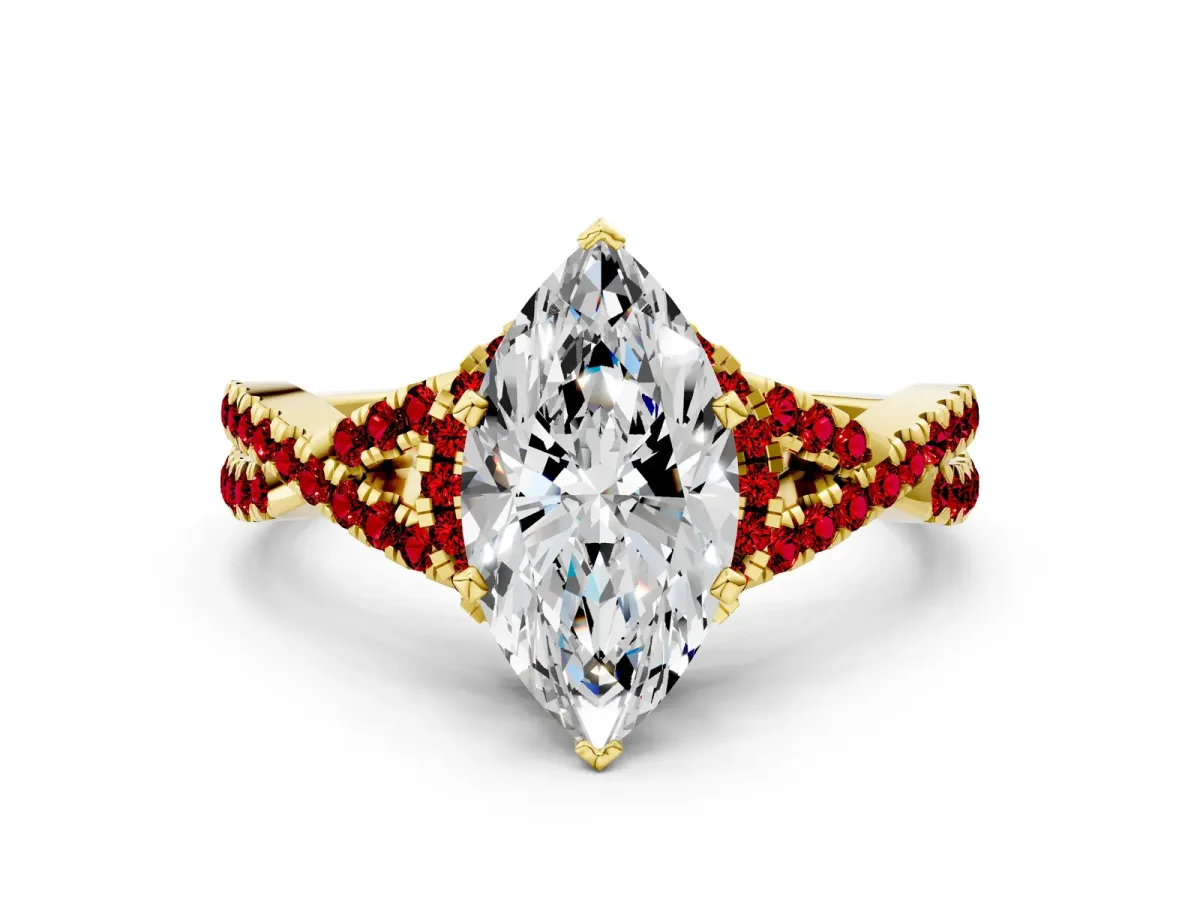 Marquise Cut Diamond Ruby Halo Twist Band Solitaire Prong Setting Ring Yellow gold