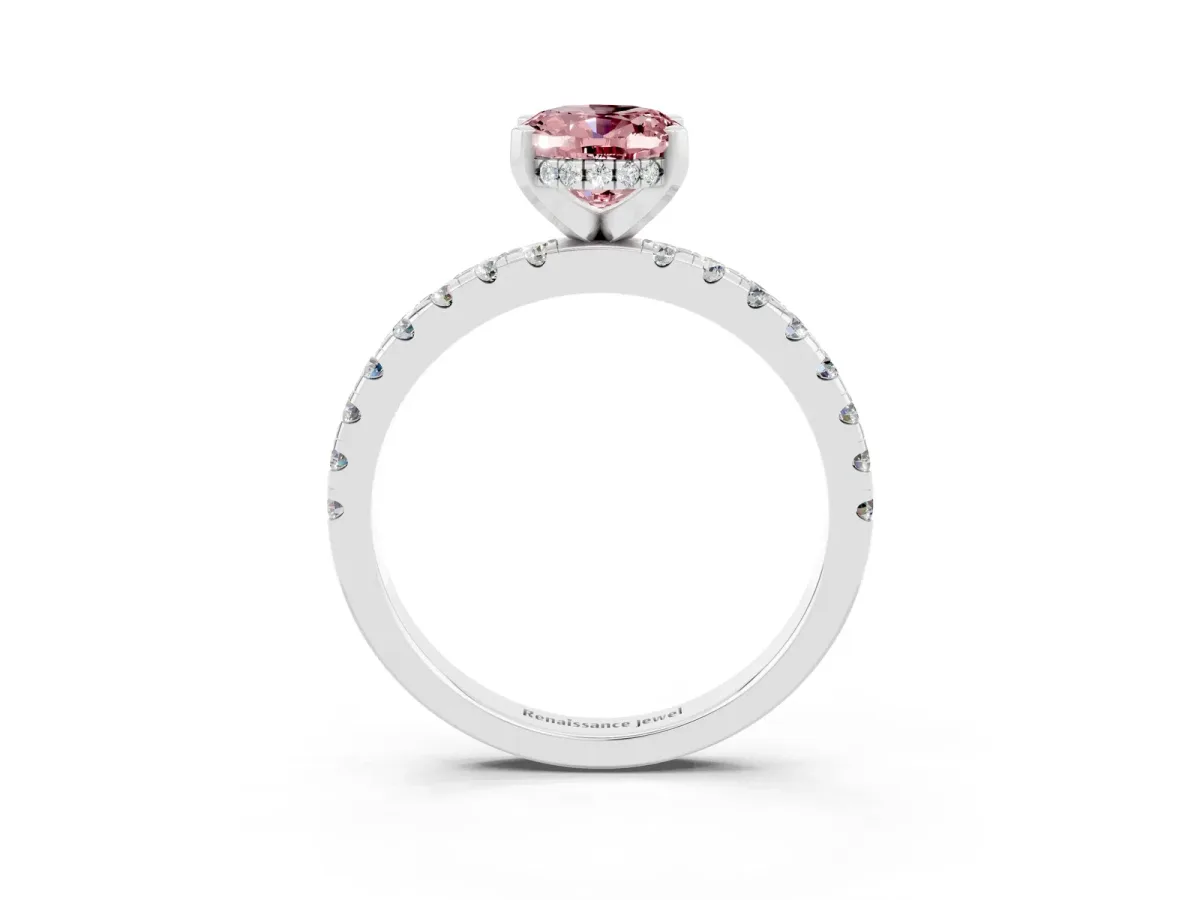 Oval Cut Morganite Solitaire Ring with Round Pavé Band and Four-Prong Setting Silver