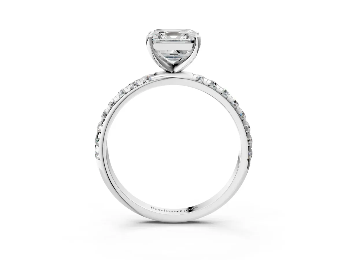 Asscher Cut Cut Diamond Solitaire Ring with Micro Pave Band and Four Prong Setting Platinum