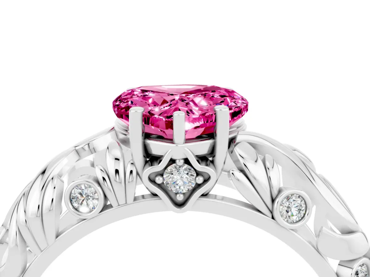 Heart Cut Solitaire Pink Sapphire Leaf-Inspired Vine Band Ring with Prong Setting Platinum