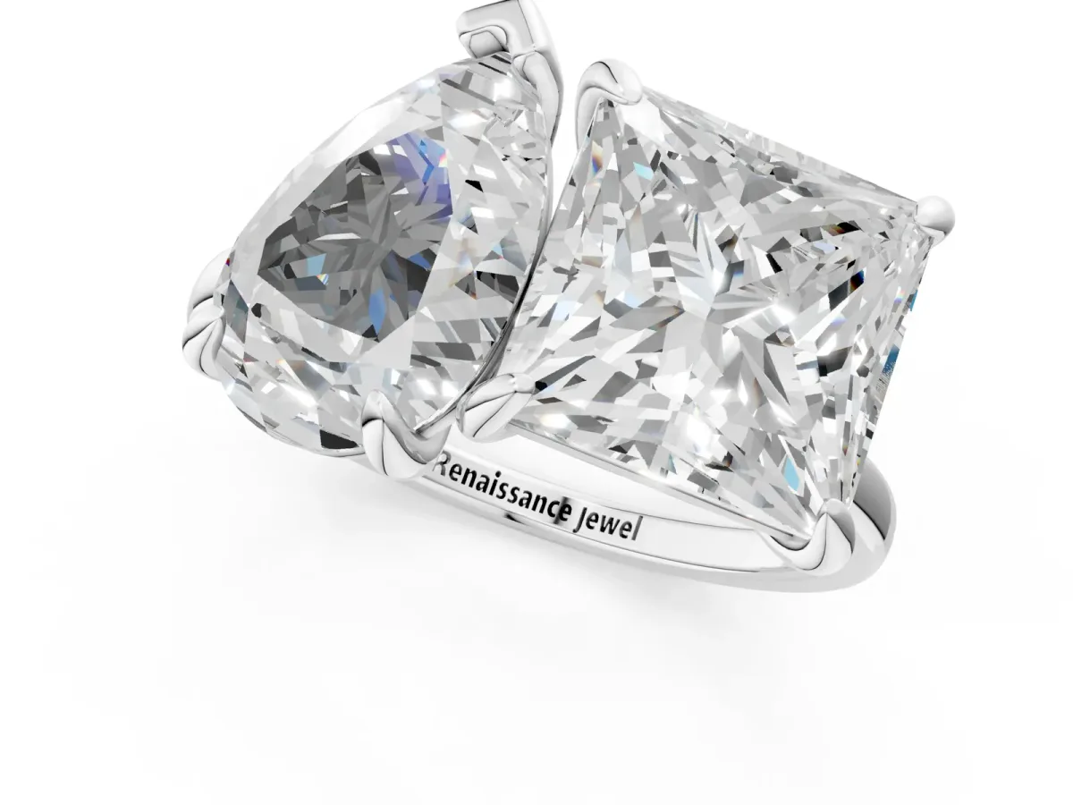 Pear and Princess Toi Moi Ring with Prong Setting and Plain Band Platinum