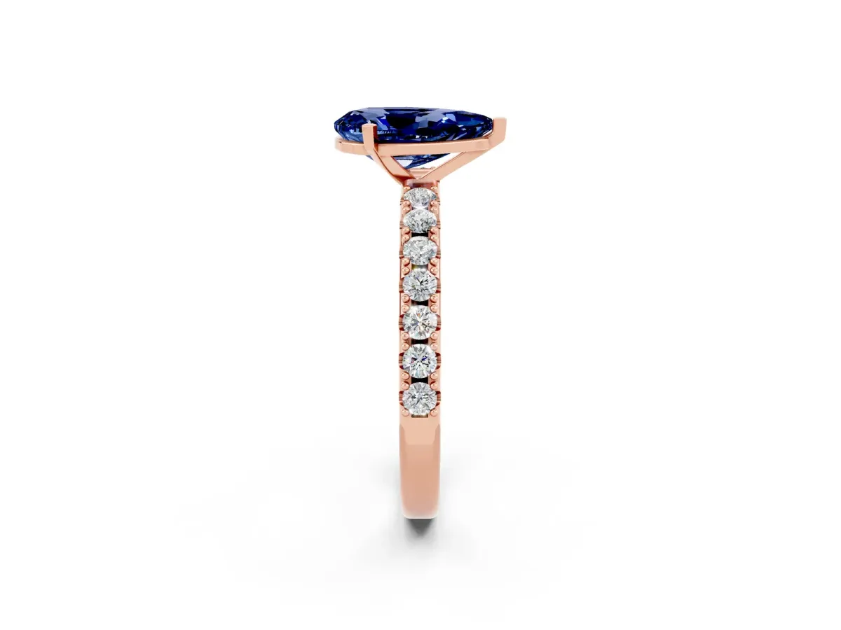 Pear Cut Blue Sapphire Solitaire Pavé Band with Four-Prong Setting Rose gold