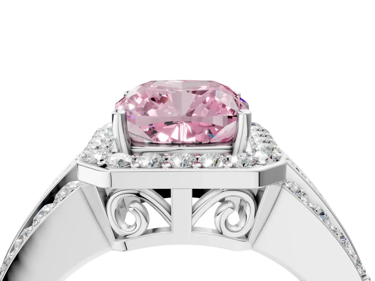 Fancy Pink Cushion Cut Halo Diamond Ring with Round Split Shank and Prong Setting Platinum