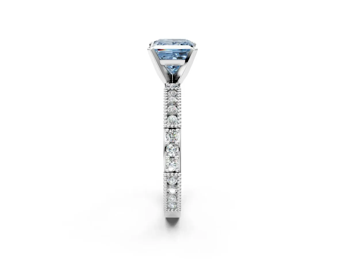 Fancy Blue Princess Cut Solitaire with Pavé Band and Four-Prong Setting Silver