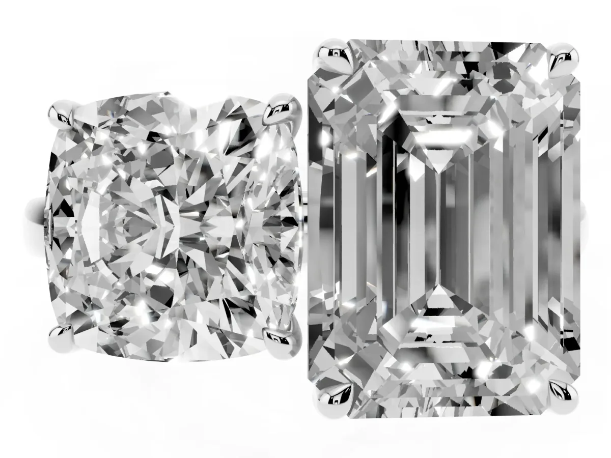 Cushion Cut and Emerald Cut Toi Moi Ring with Prong Setting Platinum