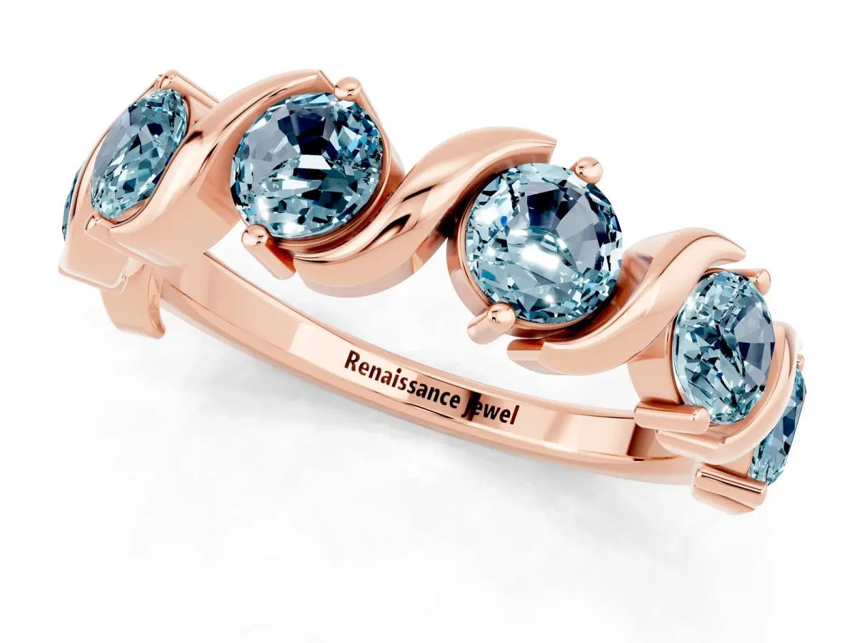 Six-Stone Round Aquamarine Wave Band with Shared Prong Setting Rose gold