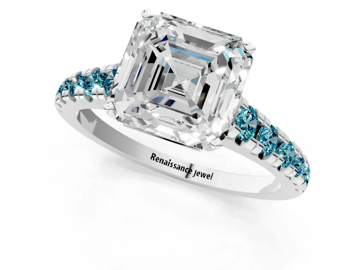 Asscher Cut Diamond Cathedral Solitaire Ring with Round Blue Topaz Pavé Band Silver