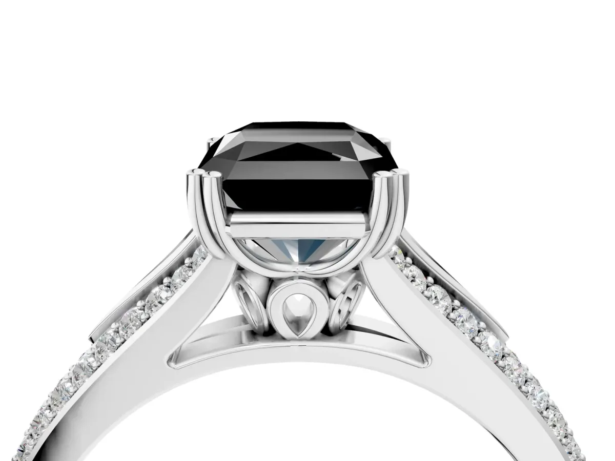 Fancy Black Radiant Cut Diamond Split Shank Engagement Ring with Pavé Band Platinum