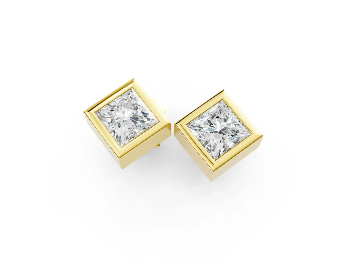 Princess Cut Bezel Set Diamond Stud Earrings Yellow gold