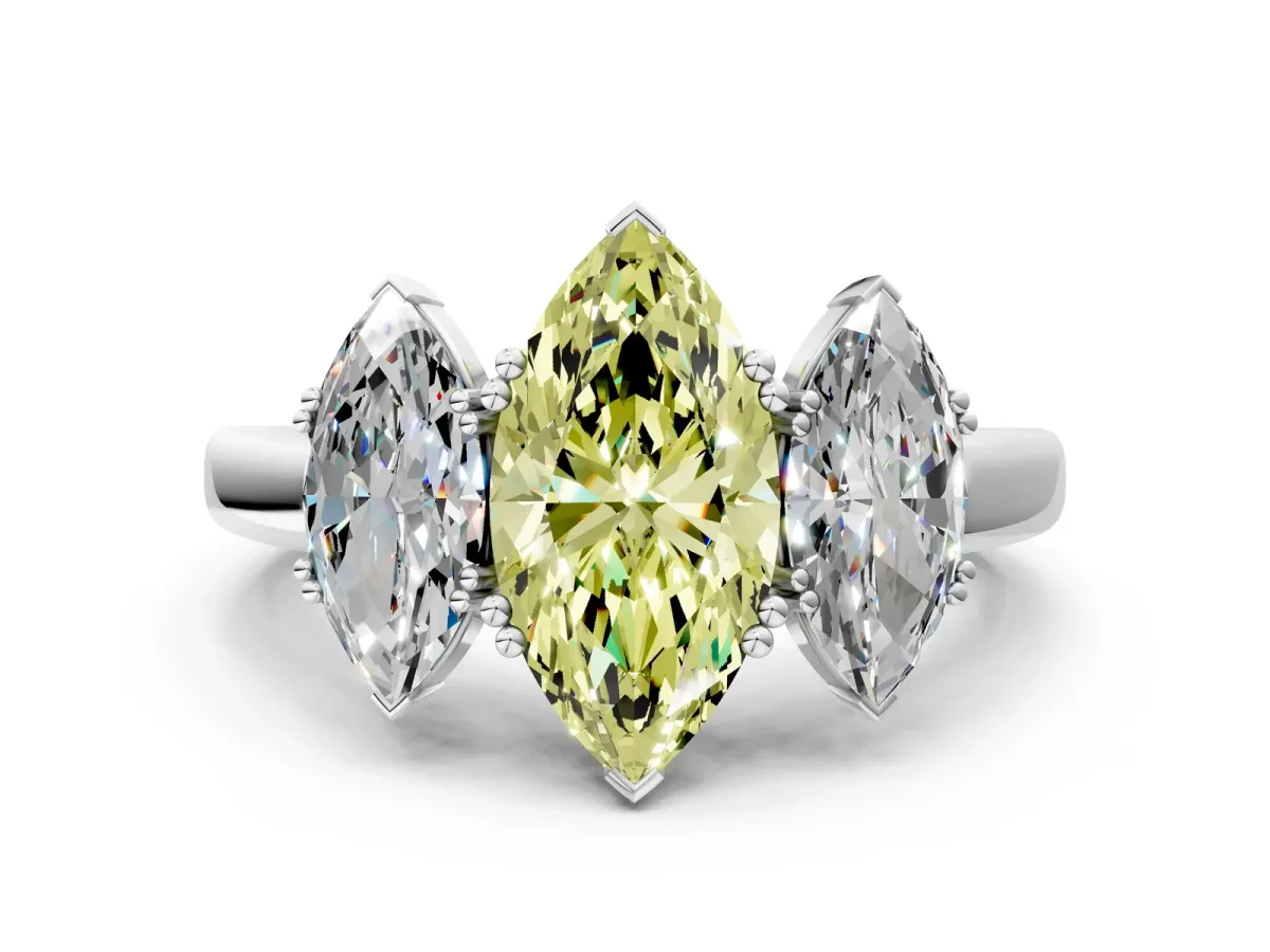Fancy Yellow Three-Stone Marquise Cut Cut Diamond Ring with Channel Set Band and Four-Prong Setting Silver