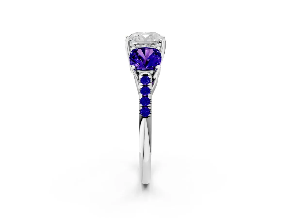 Three-Stone Cushion Cut Diamond Ring with Round Tanzanite Pavé Band and Prong Setting Silver