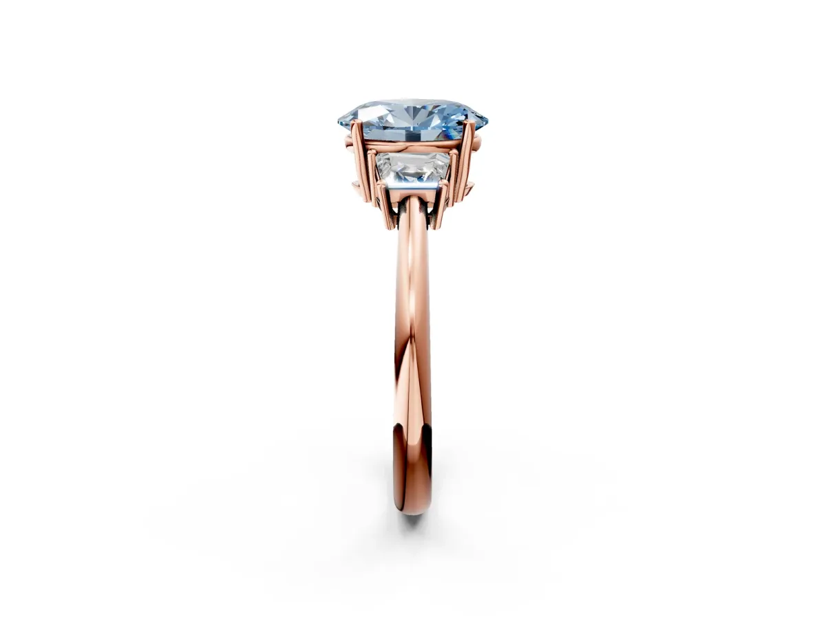 Fancy Blue Oval Cut Diamond Three-Stone Ring with Trapezoid Side Stones and Prong Setting Rose gold