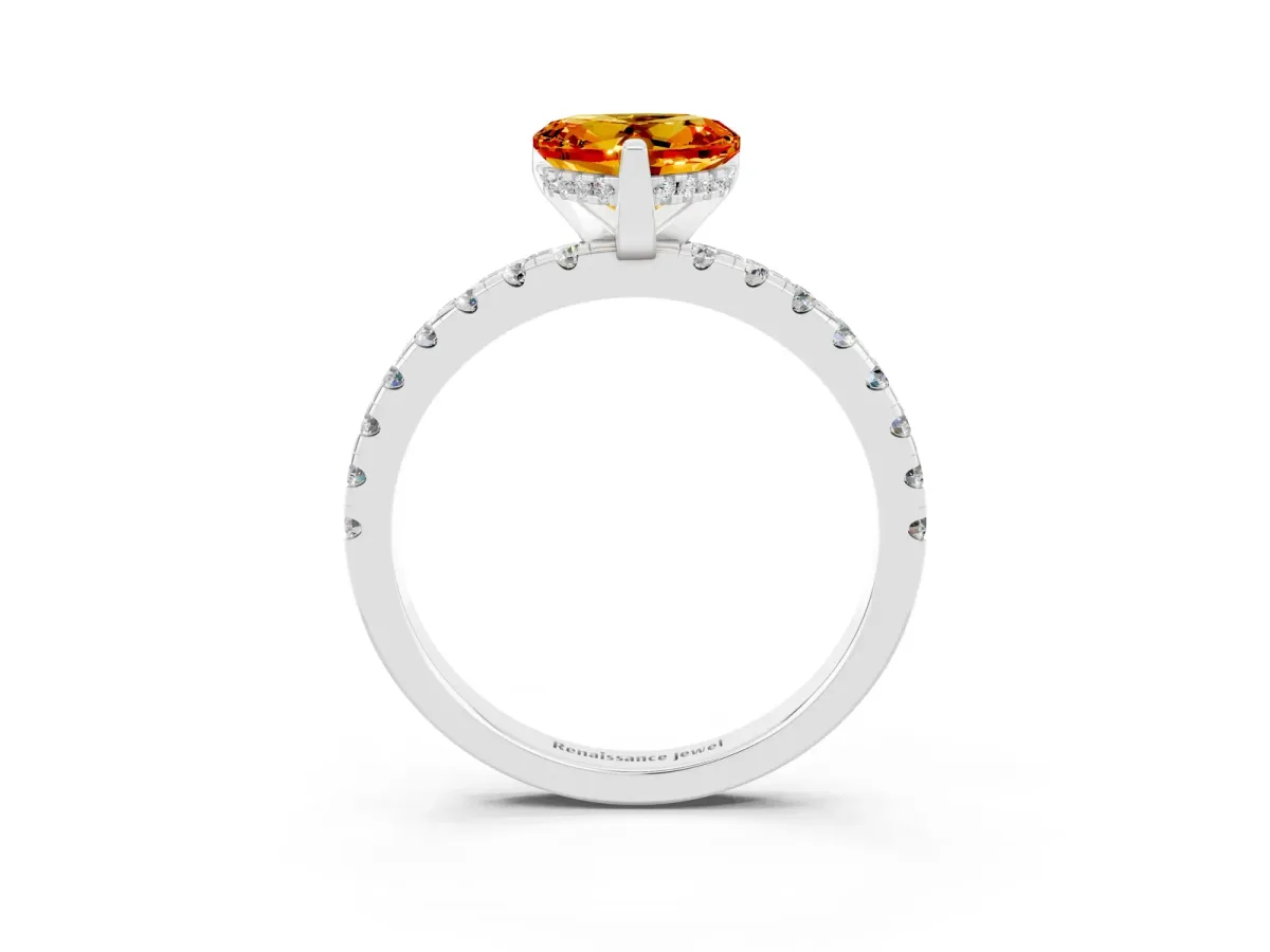 Heart Cut Citrine Solitaire Ring with Round Pavé Band and Four-Prong Setting Silver
