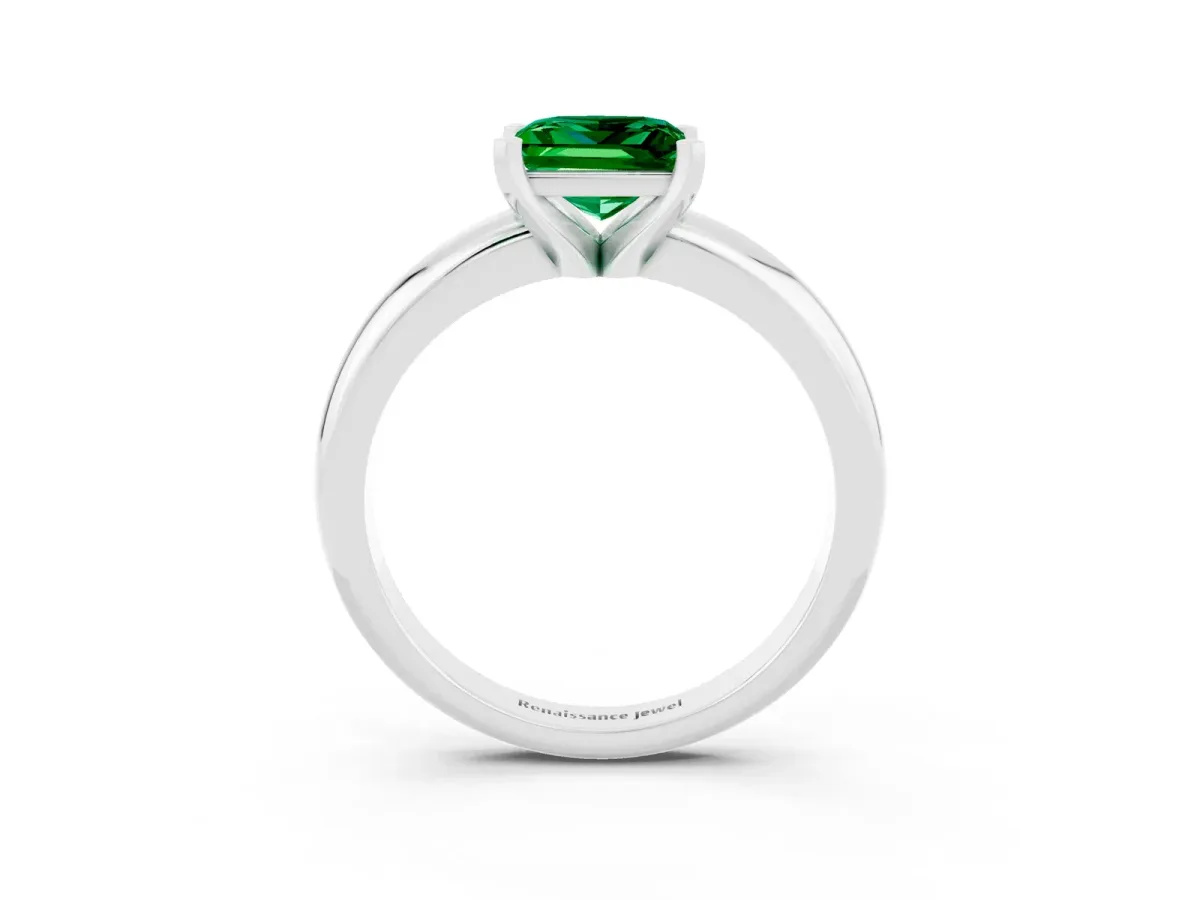 Princess Cut Emerald Solitaire Engagement Ring with Round Band and Four-Prong Setting Silver