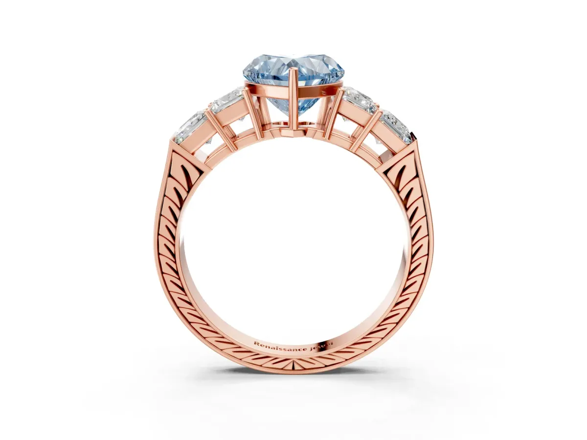 Fancy Blue Heart Cut Solitaire Princess Side Stone Engraved Band Prong Setting Ring Rose gold