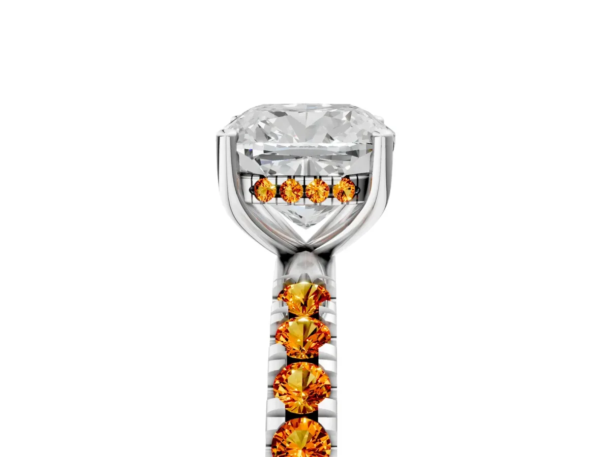 Cushion Cut Diamond Pave Band Solitaire Ring with Round Citrine and Prong Setting Platinum