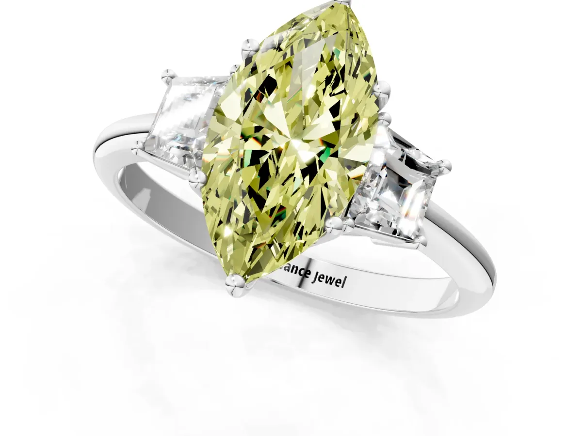 Fancy Yellow Marquise Cut Diamond Three-Stone Ring with Trapezoid Side Stones and Prong Setting Silver