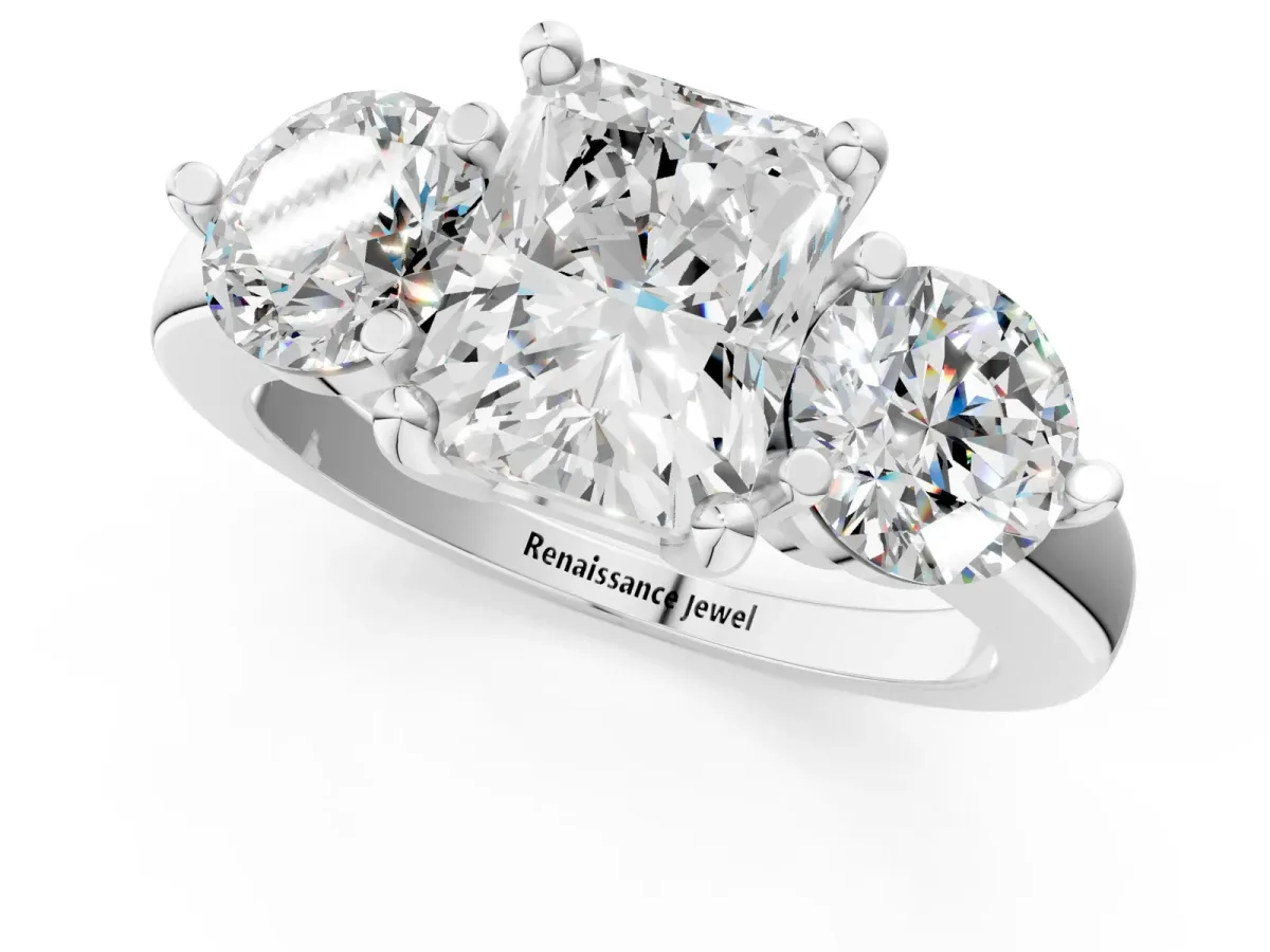 Three-Stone Radiant Cut Brilliant Cut Solitaire Ring with Prong Setting on a Classic Band Platinum
