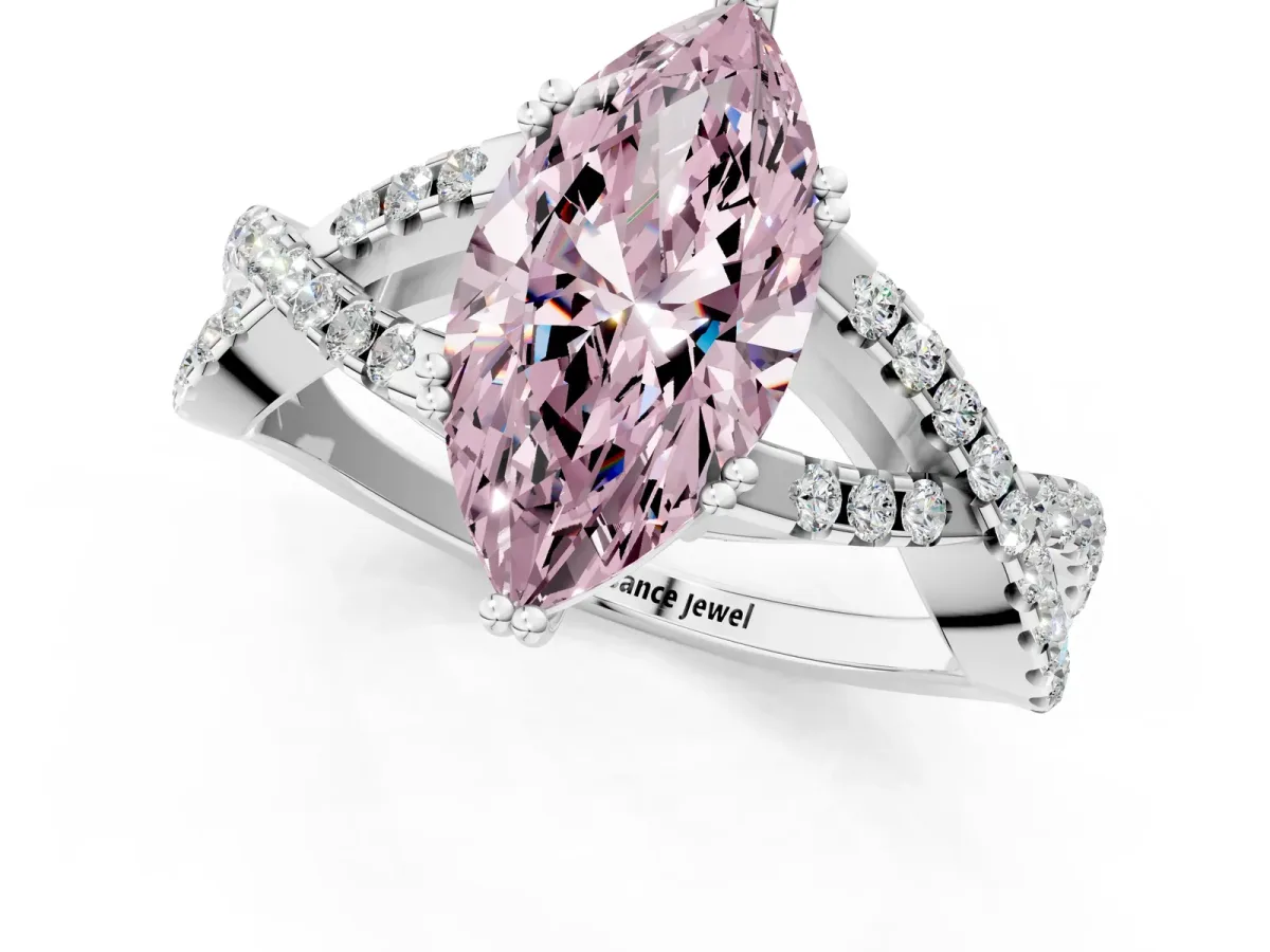 Fancy Pink Marquise Cut Diamond Solitaire Ring with Four-Prong Setting and Twisted Pavé Band Silver