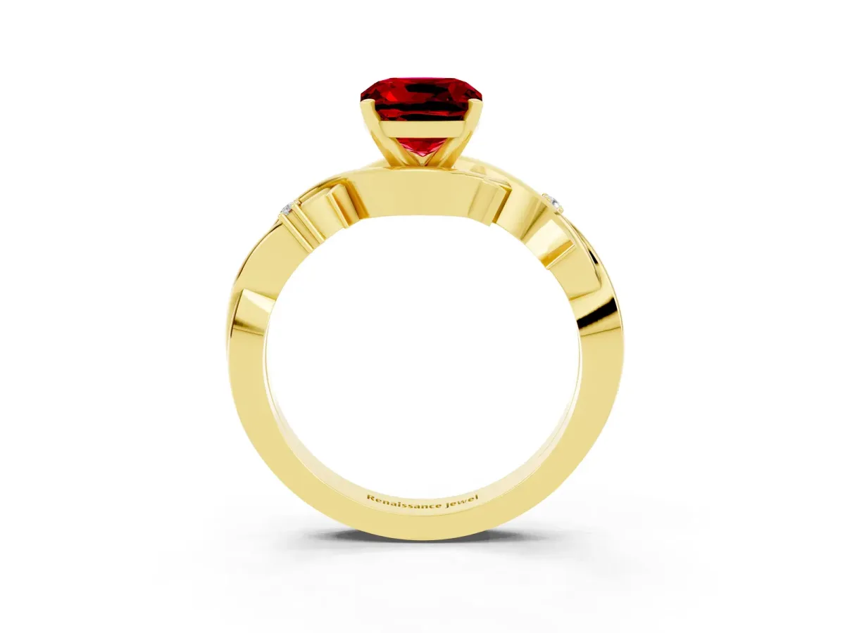 Cushion Cut Ruby Solitaire Ring with Twisted Band and Prong Setting Yellow gold