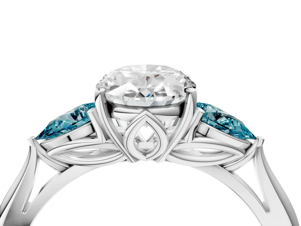 Oval Cut Diamond Three-Stone Ring with Pear Blue Topaz Side Stones and Prong Setting Silver