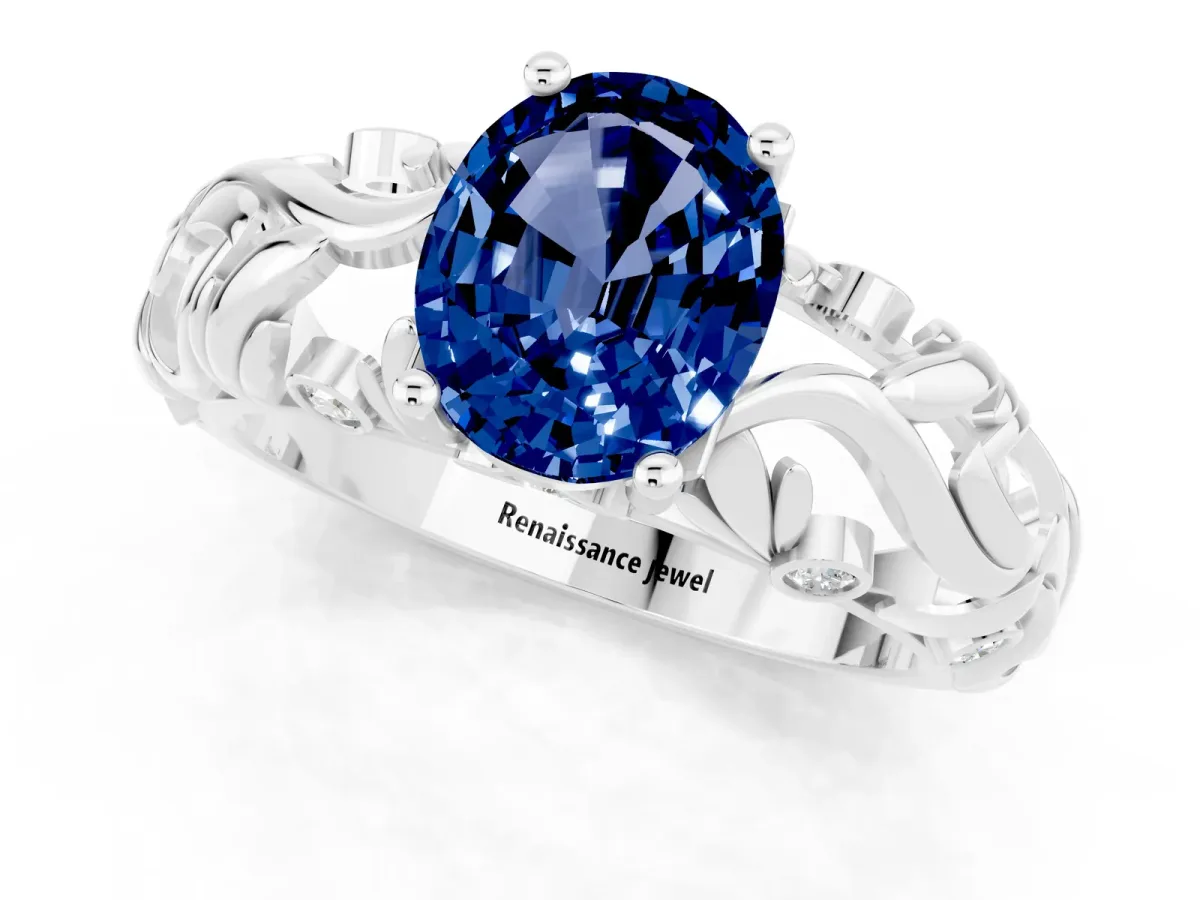 Oval Cut Solitaire Blue Sapphire Leaf-Inspired Vine Band Ring with Prong Setting White gold
