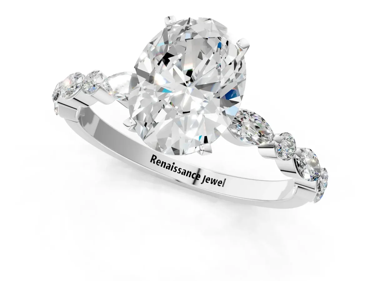 Oval Cut Diamond Ring with Marquise and Round Side Stones and Four-Prong Setting Silver