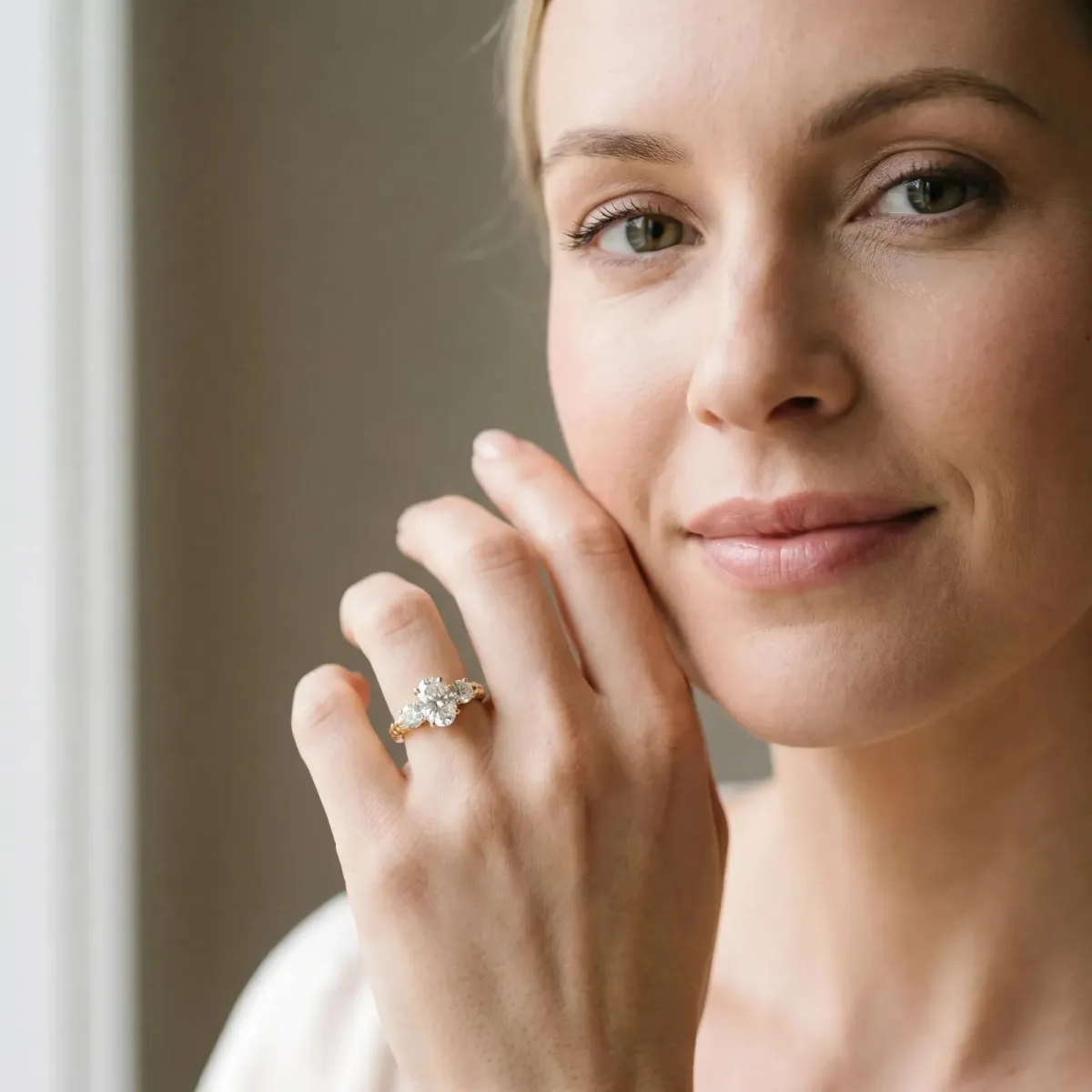 Three-Stone Oval Cut Cut Diamond Ring with Channel-Set Band and Prong Setting Yellow gold
