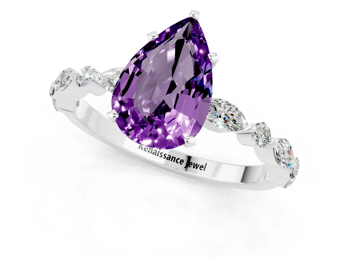 Pear Cut Amethyst Ring with Marquise and Round Side Stones and Four-Prong Setting Silver