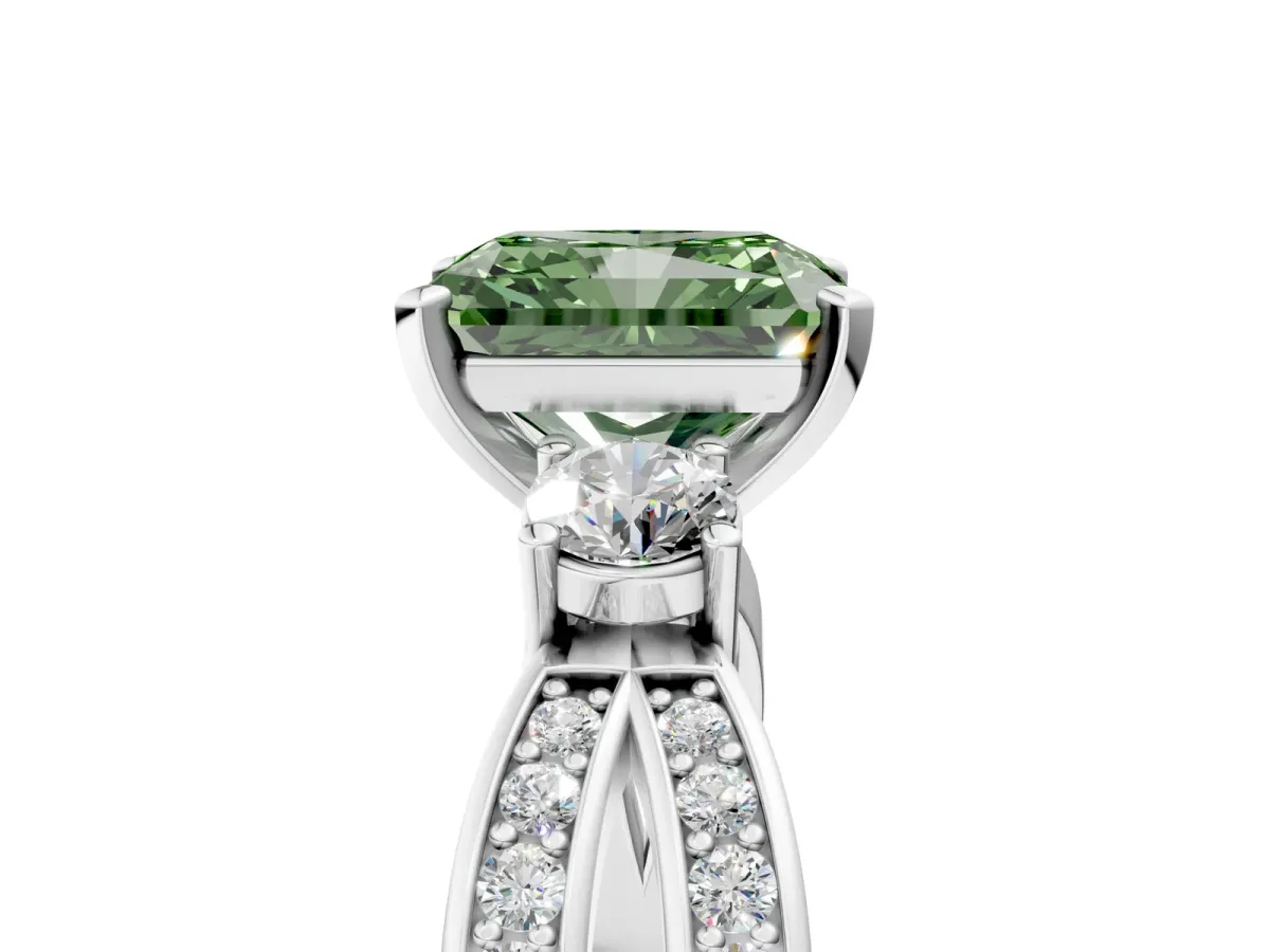 Fancy Green Three-Stone Radiant Cut Cut Diamond Twist Band with Prong Setting Platinum