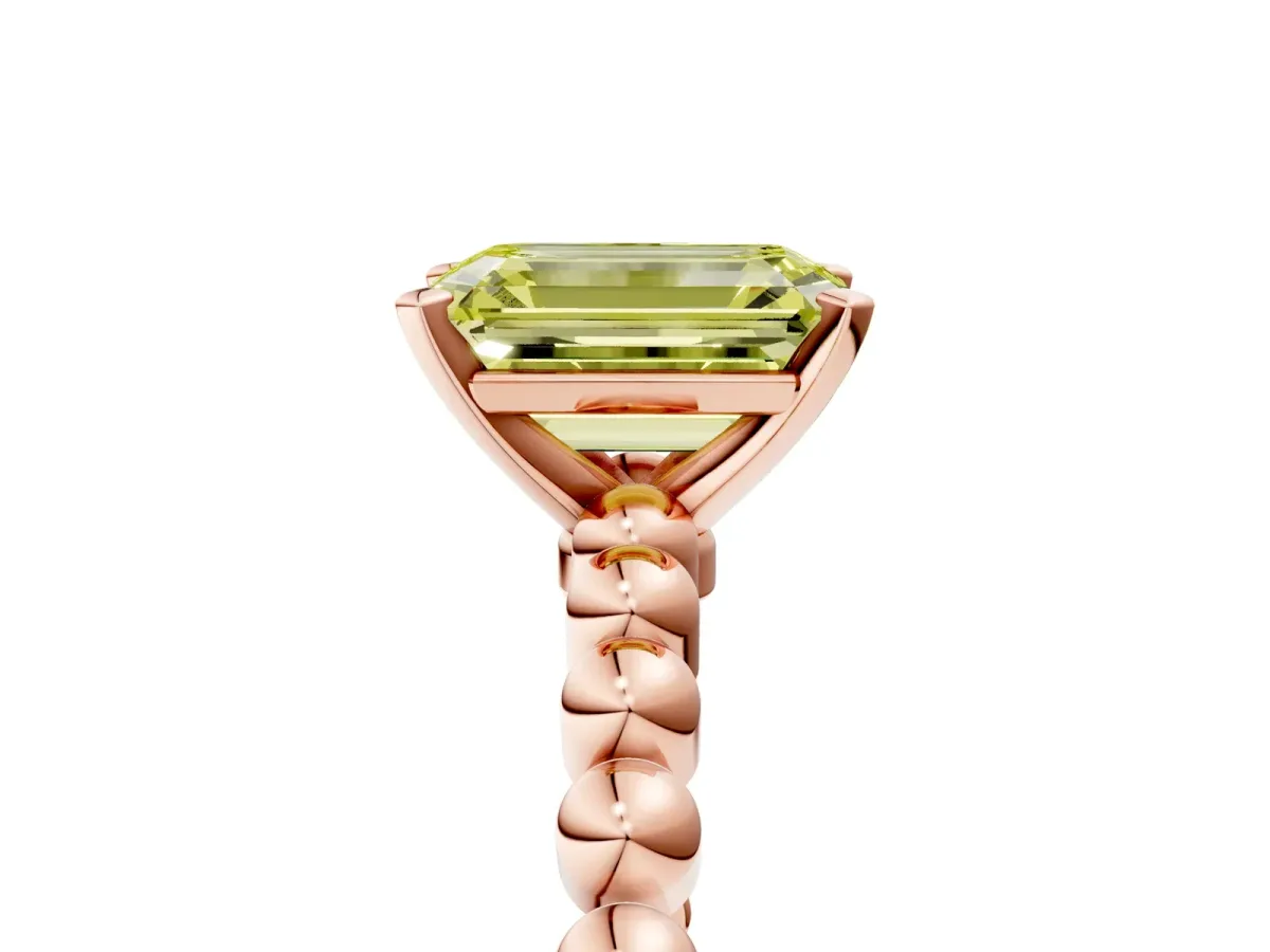Fancy Yellow Emerald Cut Diamond Solitaire Ring with Beaded Band and Prong Setting Rose gold