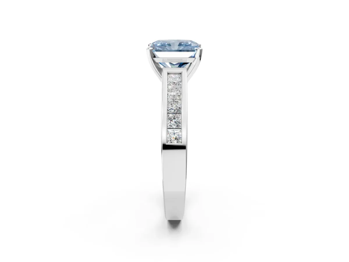 Fancy Blue Radiant Cut Solitaire Diamond Ring with Channel-Set Band and Four-Prong Setting Platinum
