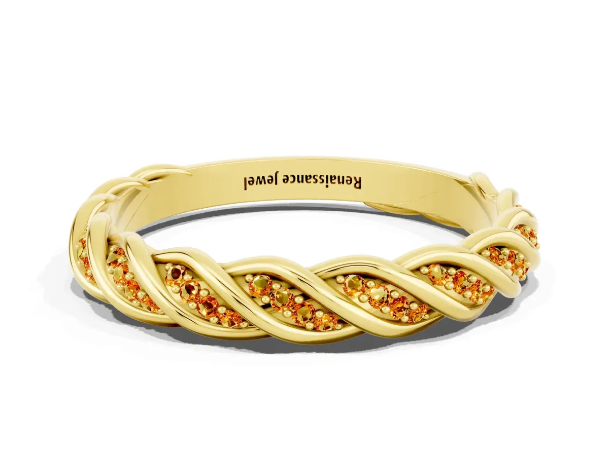 Twisted Pavé Round Citrine Eternity Band with Shared Prong Setting Yellow gold