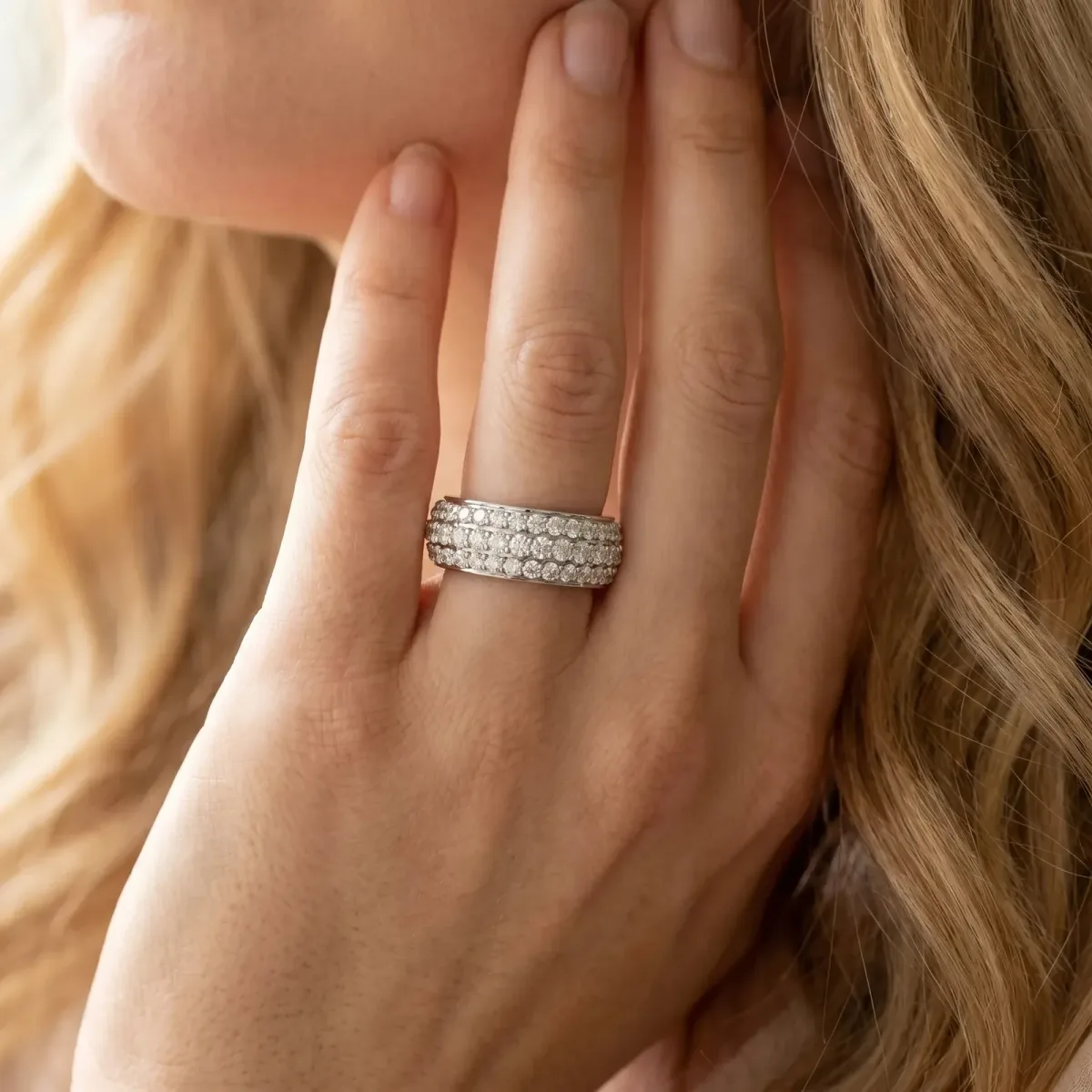 Three-Row Round Diamond Eternity Band with Shared Prong Setting Silver