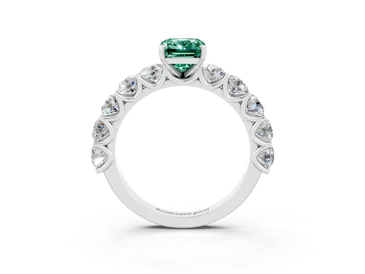 Emerald Cut Green Sapphire Prong Setting with Side Stones on a Pave Band Silver
