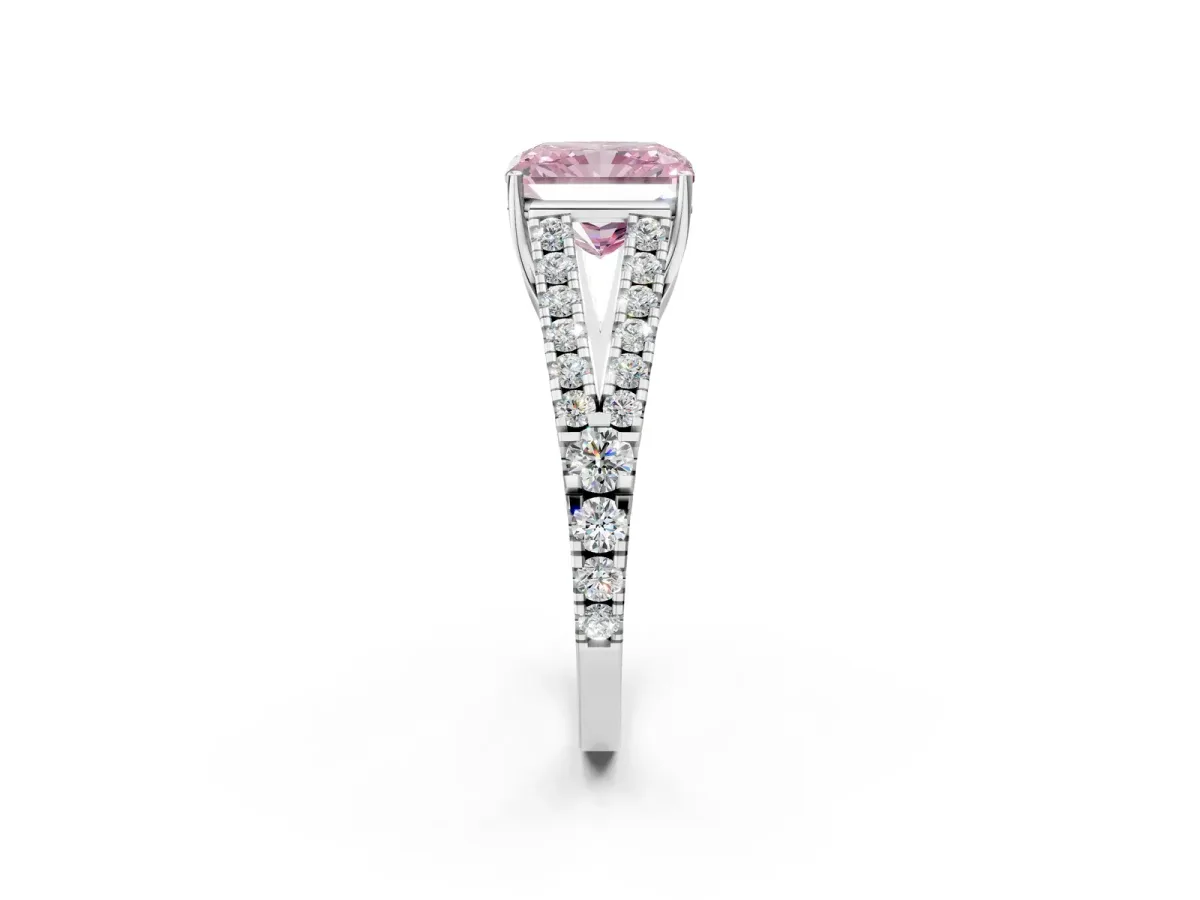 Fancy Pink Radiant Cut Diamond Split Shank Pavé Engagement Ring with Four-Prong Setting White gold