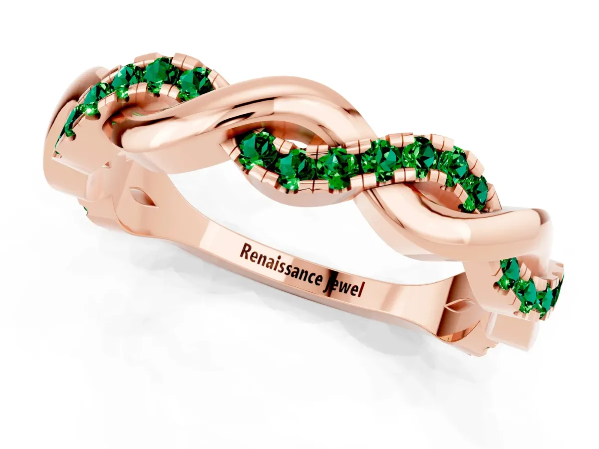 Pavé Round Emerald Twist Eternity Band with Shared Prong Setting Rose gold