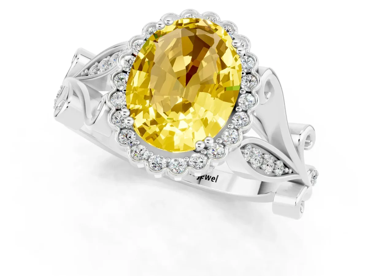 Oval Cut Yellow Sapphire Halo Ring with Vintage Split Shank and Four-Prong Setting Silver