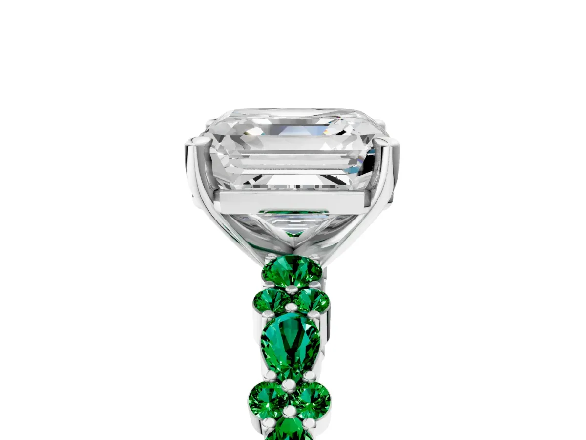 Asscher Cut Diamond Side Stone Solitaire Ring with Round Emerald and Four-Prong Setting Platinum